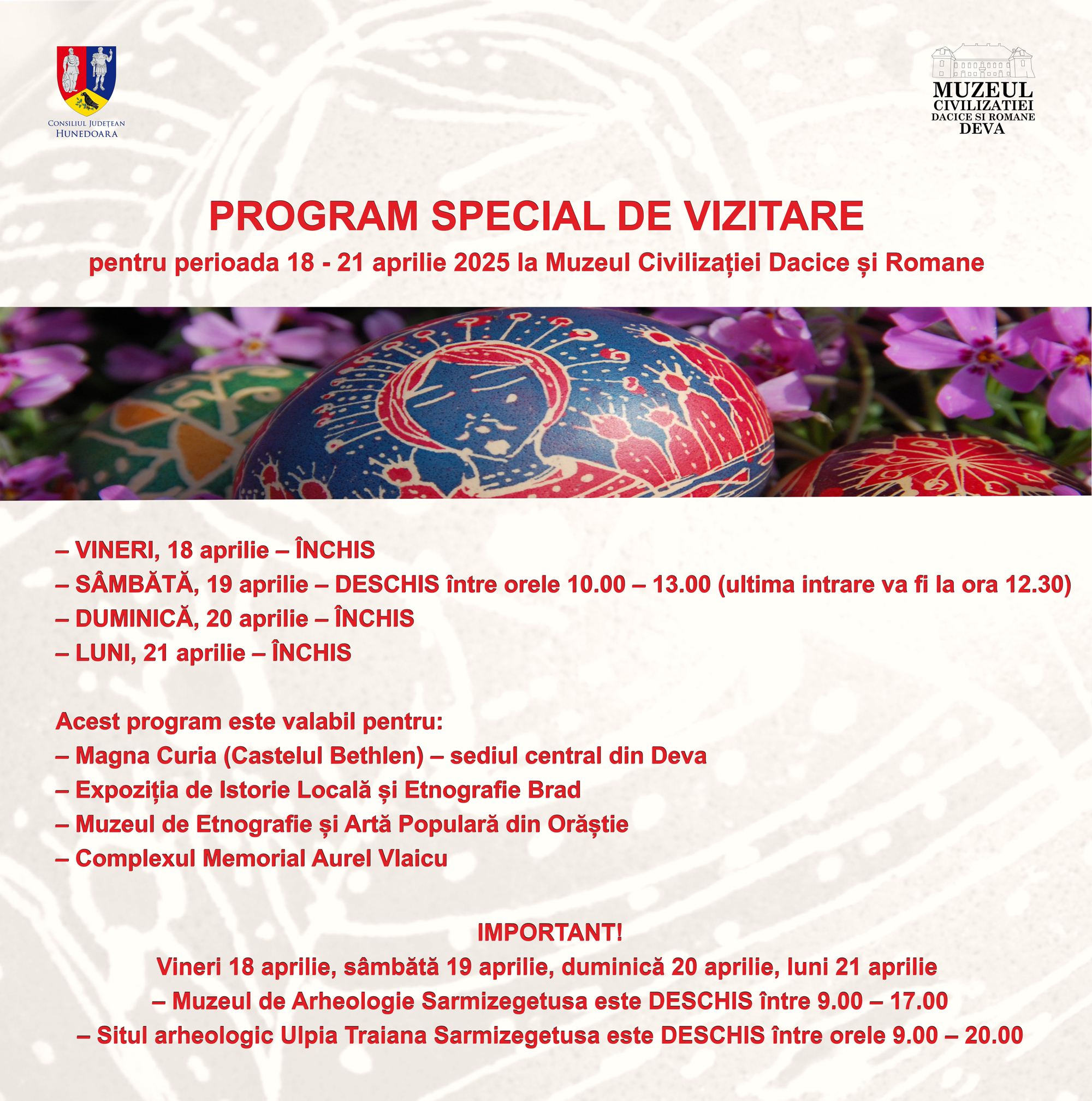 Program special de vizitare în perioada 18 - 21 aprilie 2025